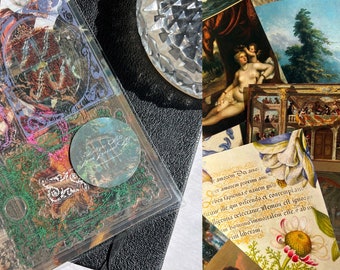 May include: A collection of vintage-style stickers featuring ornate frames, floral designs, and a painting of a forest scene. The stickers are printed on clear, translucent paper and have a glossy finish.