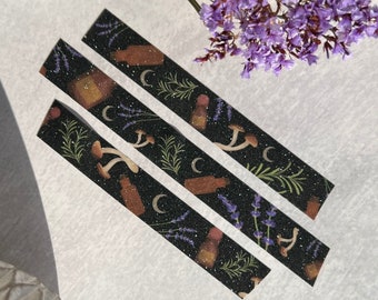 Apothecary and Herb Glitter Washi Tape, Mushroom Washi Tape, Plants and Herb Washi, Green Witch Stationery, Cottagecore Washi Tape