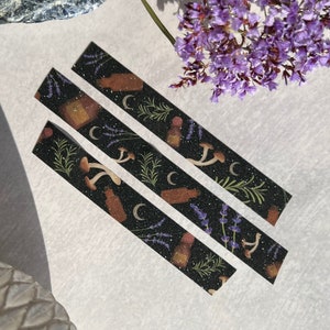 Apothecary and Herb Glitter Washi Tape, Mushroom Washi Tape, Plants and Herb Washi, Green Witch Stationery, Cottagecore Washi Tape