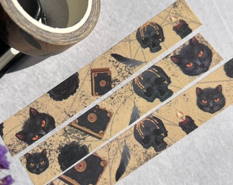 Black Witchy Washi Tape, Black Cat Washi, Skull Washi Tape, Gothic Washi tape, Occult Stationery, Spellbook Washi tape, Witch Washi Tape