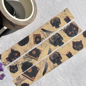 Black Witchy Washi Tape, Black Cat Washi, Skull Washi Tape, Gothic Washi tape, Occult Stationery, Spellbook Washi tape, Witch Washi Tape