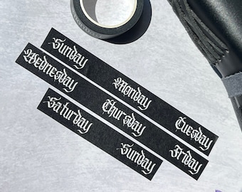 Gothic Days of The Week Washi Tape, Gothic Washi Tape, Dark Academia Washi Tape, Black and White Washi Tape, Planner Washi Tape