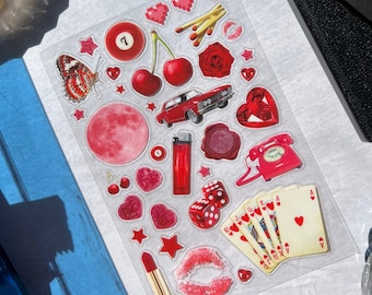Red Aesthetic Sticker Sheet, Retro Sticker Pack, Color Story Stickers, Cherry Sticker, Junk Journal Stickers, Casino Stickers, Candy Sticker
