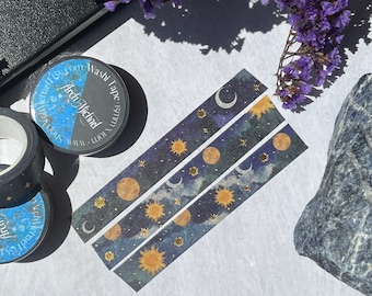 Sun and Moon Gold Foil Washi Tape, Antique Astronomy Washi Tape, Antique Moon Illustrations,  Vintage Style Bujo, Zodiac Washi Tape