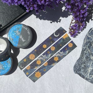 Sun and Moon Gold Foil Washi Tape, Antique Astronomy Washi Tape, Antique Moon Illustrations, Vintage Style Bujo, Zodiac Washi Tape image 1