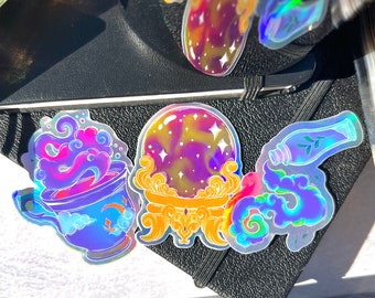 Witchy Holographic Sticker Pack, Moon Stickers, Crystal Ball Sticker, Spell Jar Stickers, Celestial Sticker Set, Celestial Teacup Sticker