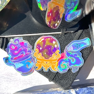Witchy Holographic Sticker Pack, Moon Stickers, Crystal Ball Sticker, Spell Jar Stickers, Celestial Sticker Set, Celestial Teacup Sticker