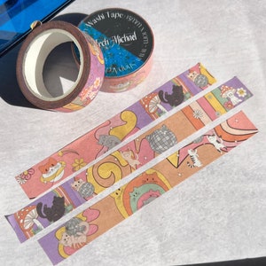 Fita Washi de gato disco, fita Washi de gato, fita Washi Y2k, fita Washi de bola de discoteca, fita Washi Groovy, fita Washi de gato dançante, fita Washi de arco-íris