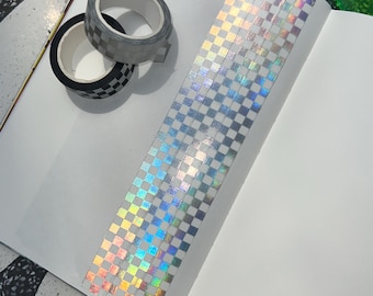 White and Silver Checkered Washi Tape, Y2k Washi Tape, Gingham Washi Tape, Holographic Checker Craft Tape