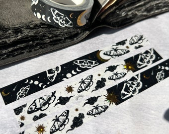 Moth Washi Tape, Moon Moth Washi, Celestial Washi Tape, Cloud Moth Washi, Sun Moth Washi, Gold Foil Washi Tape, Night & Day Washi Tape