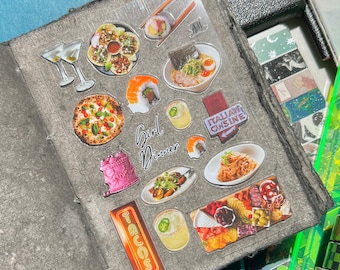 Klistermärkesark för tjejmiddag, taco-klistermärke, pasta-klistermärke, martini-klistermärke, tjejkväll, vintage-tårtklistermärke, sushi-klistermärke, mat-klistermärken