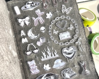 Chrome Aesthetic Sticker Sheet, Color Story Stickers, Junk Journal Gifts, Junk Journal Stickers, 90s Stickers, Y2k Sticker Sheet
