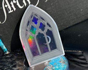 Gothic Arch Window Holographic Sticker, Moon Sticker, Gothic Stickers, Celestial Stickers, Dark Academia Sticker, Gothic Window Sticker