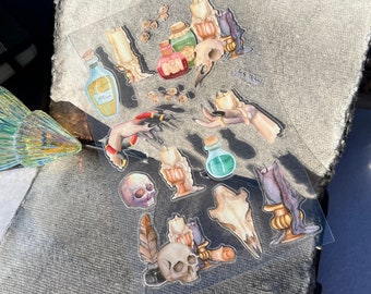 Hoja de pegatinas de acuarela de brujas, pegatinas para diarios basura, hojas de pegatinas góticas, pegatinas de brujas verdes, kits de diarios creativos, arte de brujas
