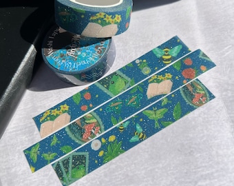 Cottage Friends Glitter Washi Tape, Mushroom Washi Tape, Plants and Herb Washi, Green Witch Stationery, Cottagecore Washi Tape, Frog Washi