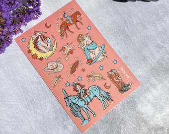 Cosmic Cowgirl Sticker Sheet, Horse Stickers, Junk Journal Stickers, UFO Sticker, Retro Planner Stickers, Pin Up Stickers, Cowgirl Stickers