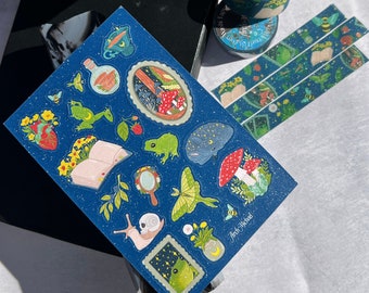 Cottage Friends Glitter Set, Cinta Washi de champiñones, Washi de hierbas, Papelería de bruja verde, Pegatinas de brillo Cottagecore, Hoja de pegatinas de rana