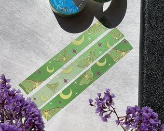 Luna Moth Washi Tape, Green Washi Tape, Moon Washi Tape, Luna Moth Stickers, Witchy Washi Tape, Planner Tape, Celestial Washi Tape,