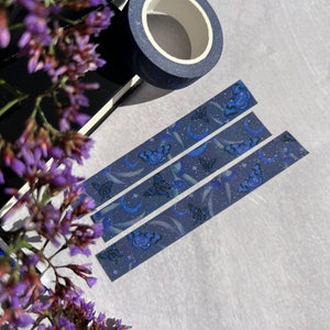 Blue Butterfly Glitter Washi Tape, Blue Moon Washi Tape, Creative Journal Tape, Moth Washi Tape, Watercolor Washi Tape, Bujo Washi Tape
