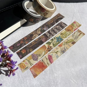 Antique Floral Washi Tape Set, Calligraphy Washi Tape, Antique Floral Illustrations, Vintage Style Bujo, Flora and Fauna Art, Fungi Washi