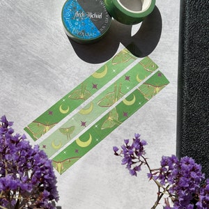 Luna Moth Washi Tape, Green Washi Tape, Moon Washi Tape, Luna Moth Stickers, Witchy Washi Tape, Planner Tape, Celestial Washi Tape,