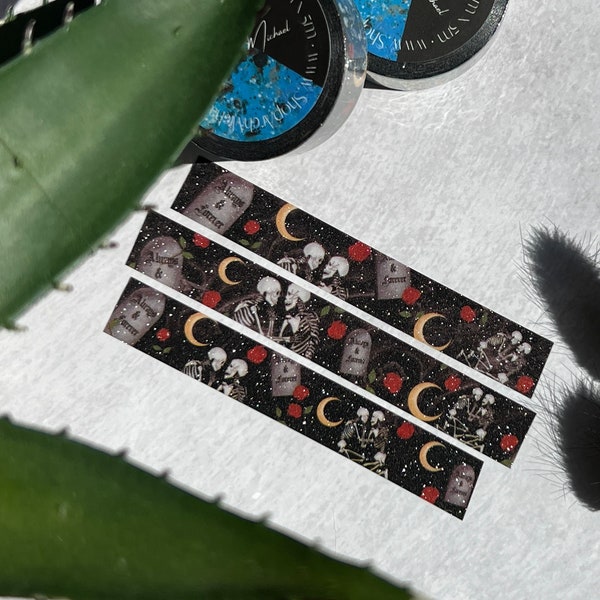 Skeleton and Roses Glitter Washi Tape, Always and Forever Washi Tape, Skull Washi Tape, Occult Washi Tape, Spooky Cute Washi Tape