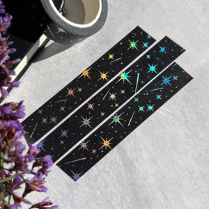 Fita Washi holográfica de estrela cadente, fita Washi espacial, fita Washi lunar, fita Washi de estrelas e planetas, fita planejadora, fita Washi astrológica
