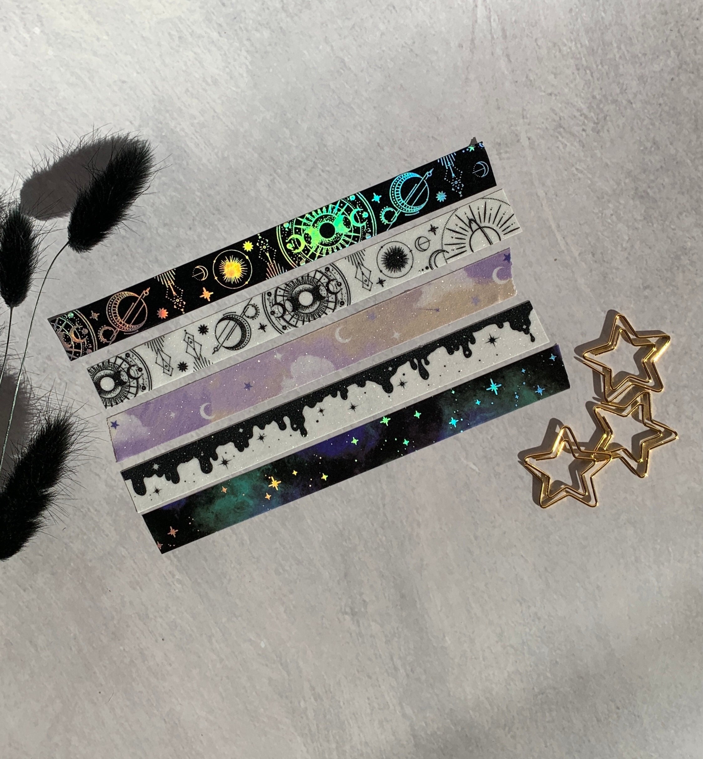 Celestial washi tape 🌟 Featuring a beautiful purple ombré sky, turquoise  clouds and holographic gold foiled moons and stars 🤩 This is…