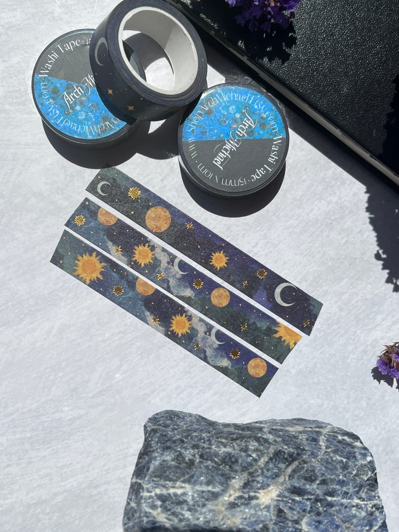 Sun and Moon Gold Foil Washi Tape, Antique Astronomy Washi Tape, Antique Moon Illustrations, Vintage Style Bujo, Zodiac Washi Tape image 5