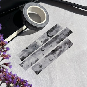 Nastro washi glitterato Grey Skies, nastro washi bianco e nero Space, nastro washi Moon, adesivi per diario creativo, nastro washi Cloud