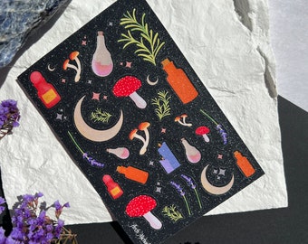 Hoja de pegatinas de brillo de boticario y hierbas, pegatinas de hongos, papelería de bruja verde, hoja de pegatinas Cottagecore, pegatinas Washi, pegatinas Mushi
