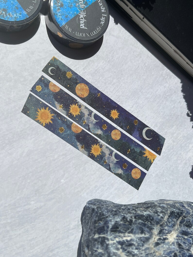 Sun and Moon Gold Foil Washi Tape, Antique Astronomy Washi Tape, Antique Moon Illustrations, Vintage Style Bujo, Zodiac Washi Tape image 4