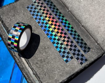 Svart och silverrutig Washi-tejp, Y2k Washi-tejp, Gingham Washi-tejp, Holografisk rutig Washi-tejp