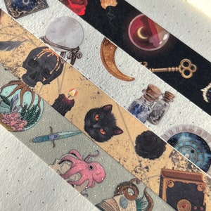 Pacote de fita washi de livro de feitiços e poções, conjunto de fita washi de bruxa, fita washi de caveira, fita washi de cobra, fita washi de lua, fita washi de chave