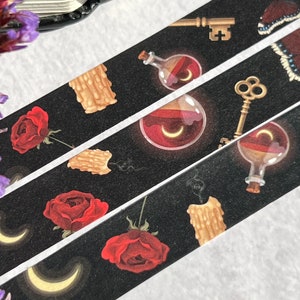 Love Potion Washi Tape, Rose Washi Tape, Gothic Washi tape, Occult Stationery, Witch Washi Tape, Key and Candle Washi, Moon Washi Tape