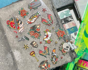 Classic Tattoo Sticker Sheet, Panther Sticker, Skull Sticker, Tattoo Flower Sticker, Rose Tattoo Stickers, Junk Journal Sticker Sheets