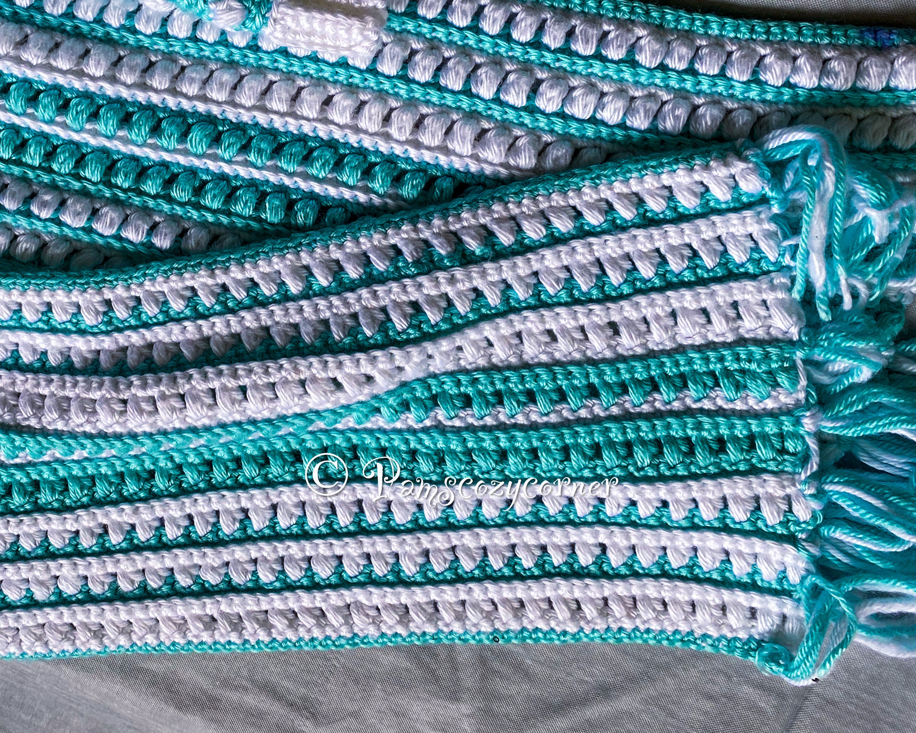 Crochet Puff Stitch Scarf - Gold, Blue & White - Etsy