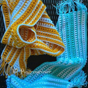 Crochet Puff Stitch Scarf- Crochet Scarf-Gold Scarf, Blue and White scarf- Gold and White Crochet Scarf-Crochet Blue Scarf, Crochet Wrap