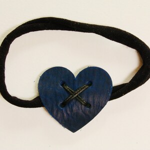 Leather Heart Headband, Blue with Black Thread and headband