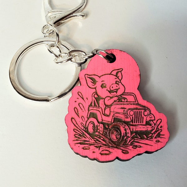 Pig Keychain Wood Engraved Painted Pink, 4 Styles,Happy And Mudding Cute Piglets Add Personalization On Your New Pig Pet Keychain For Fun