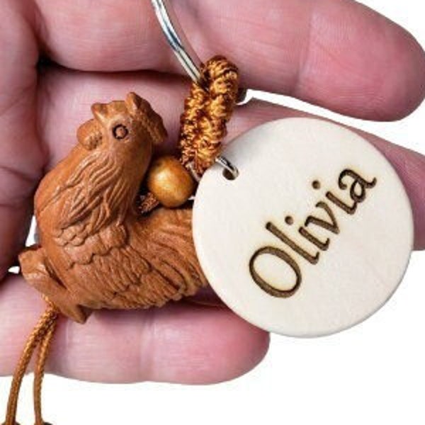 Personalized Chicken Keychain Natural Mahogany Personalize With Wooden Name Tag Or Without  Great Addition to your Lanyard Make Work Fun