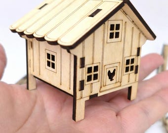Mini Chicken Coop Kit Unpainted 2"x2" Or 4"x4" Unassembled DIY Wood Diorama Ornament HO Scale Farmhouse Miniature Decor Made of 3mm Basswood