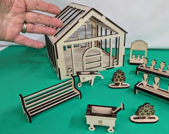Miniature Greenhouse DIY Kit: 3D Greenhouse Kit, Unassembled Unpainted Wood Diorama, Spring Craft Project, Gardner's Gift, HO Scale, 2 Sizes