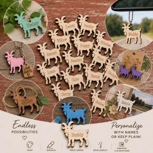 Puede incluir: Una colección de recortes de madera con forma de cabra en varios colores y acabados de madera natural, con nombres grabados como Daisy, Buddy, Willow, Poppy, Nibbles, Biscuit, Beachie, Finn, Luna, Cleo, Bunny, Chopper, Clorny, Nudee y Maple.