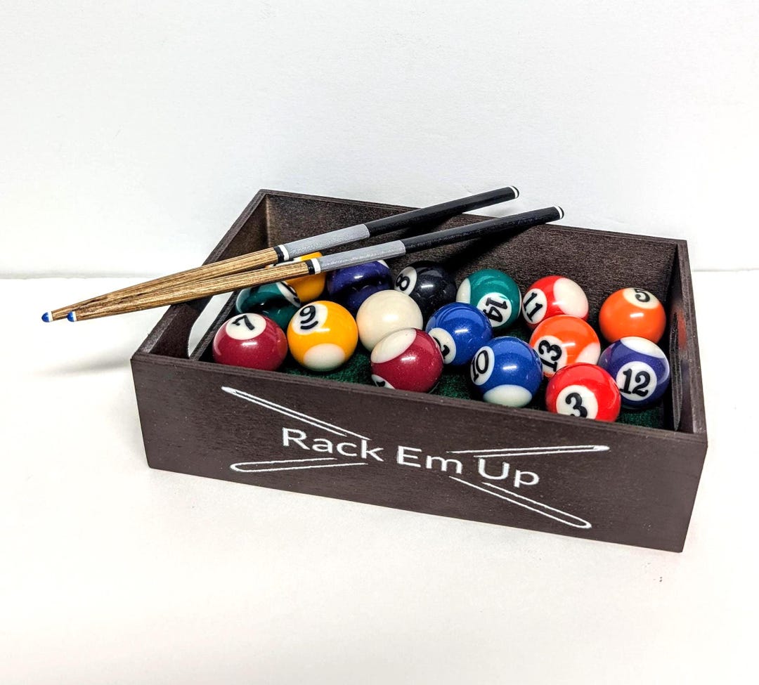 Pool Ball Display Set Mini Pool Ball Set Display Box, Balls, Cue Sticks, Rack Em up or Name ...