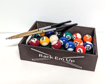 Mini Pool Ball Set Display Box, Balls, Cue Sticks, Rack Em Up or Name, Tournament Winner Gift, Game Room Decor, Diorama Pool Table