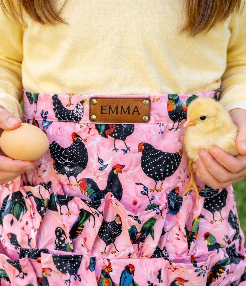 Personalized Egg Gathering Apron Youth 8 Pocket Chicken Apron, Custom Leather Patch Option, Kids Farm Gift, Backyard Chicken Durable Fabric