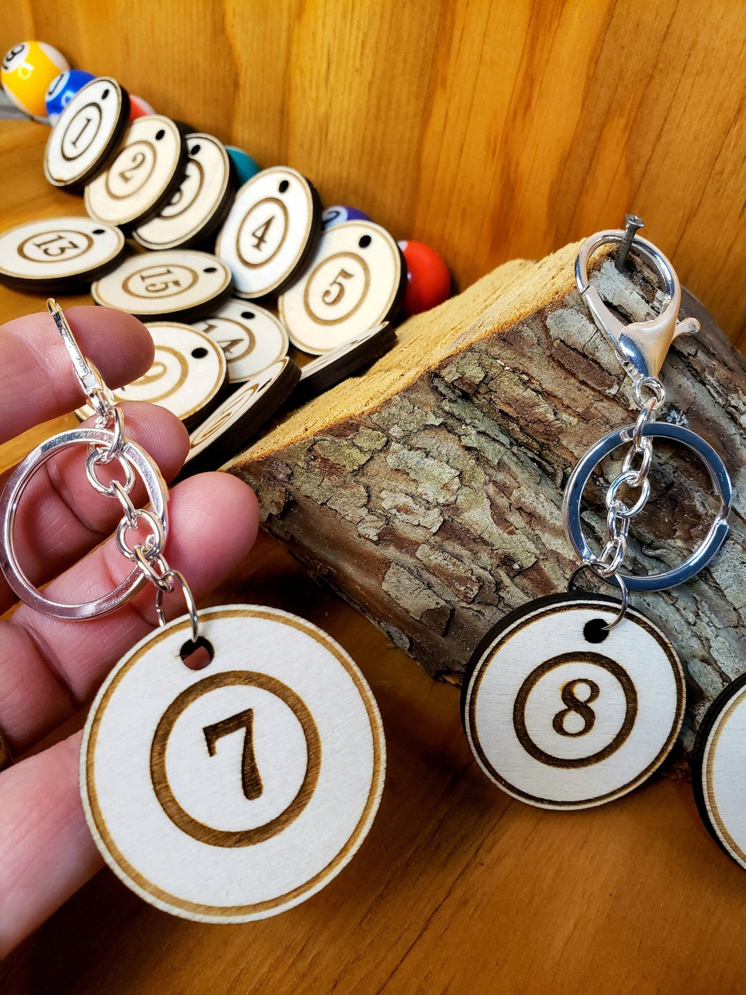 Wooden Pool Ball Keychains Hand Crafted Wooden Keychains Have Back