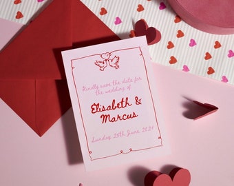 Lovebirds Wedding Save The Date Invitation in Pink and Red, Valentines Wedding Invite