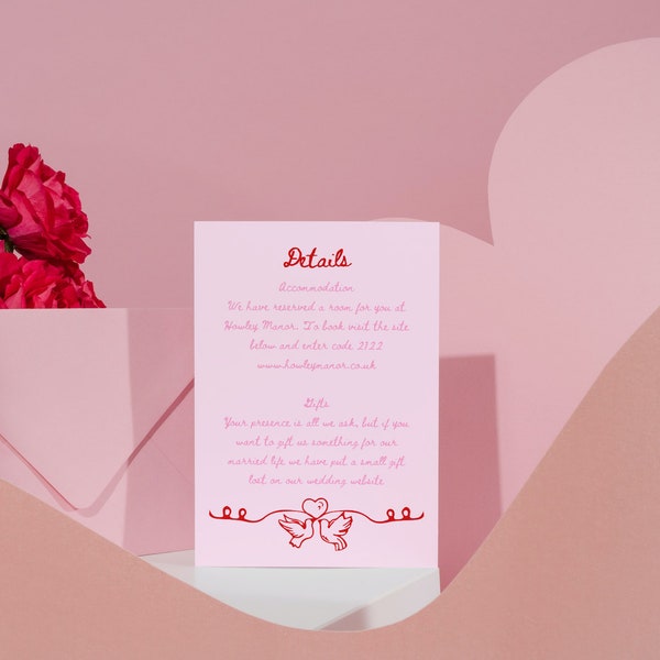 Lovebirds Wedding Invitation Details Card in Pink and Red, Valentines Wedding Invite